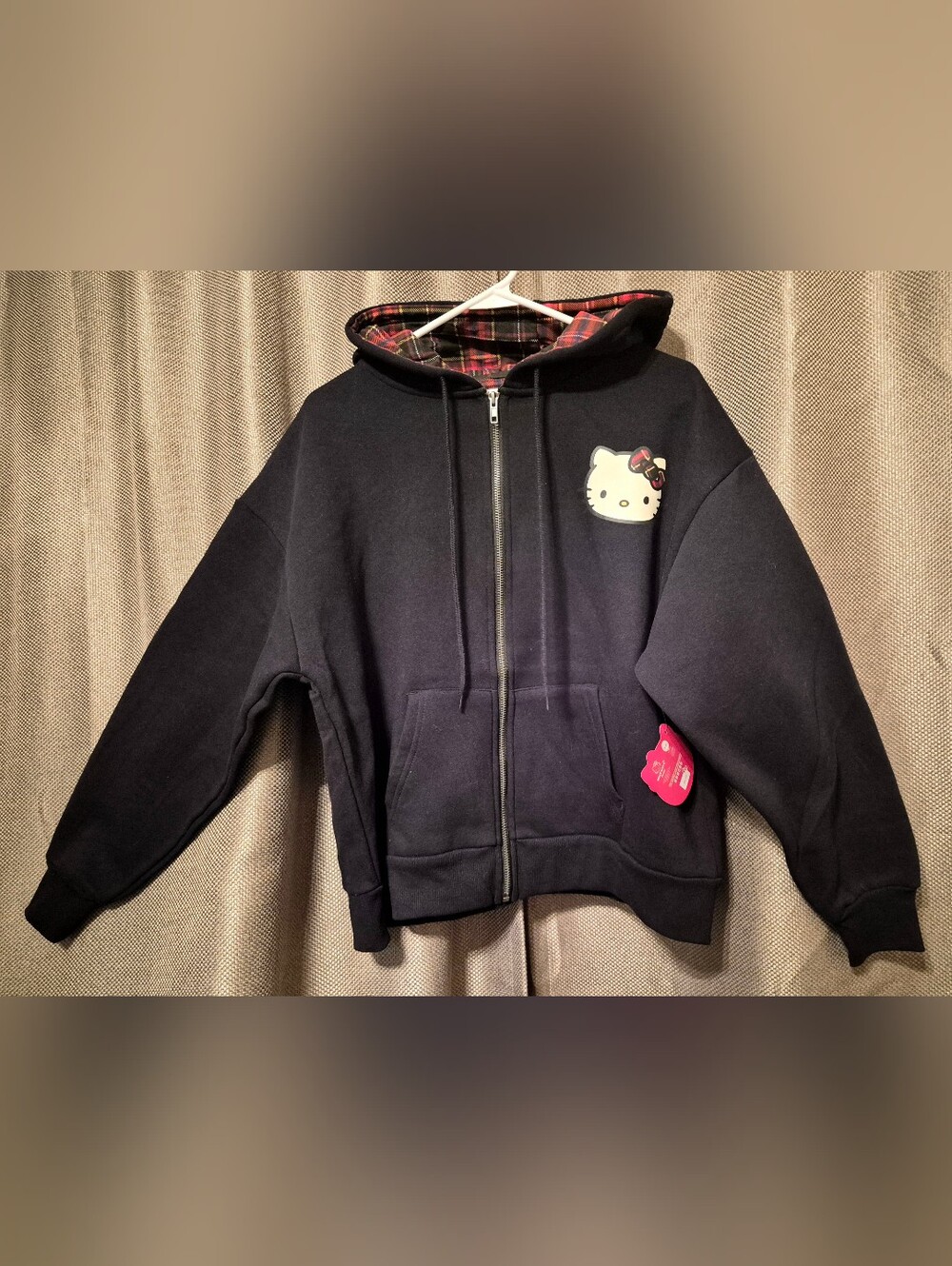 Hello Kitty BLACK Zip-Up Hoodie with Plaid-Lined Hood - Picture 2 of 4